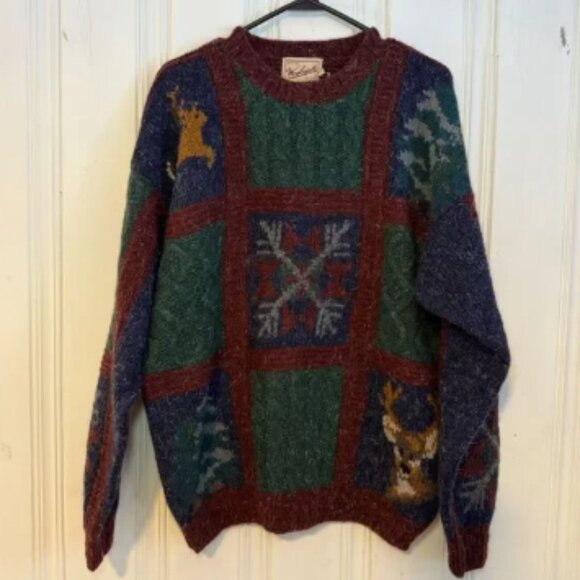 Deadstock green maroon blue Woolrich Wool Winter Crewneck Sweatshirt Size Large - Picture 1 of 8